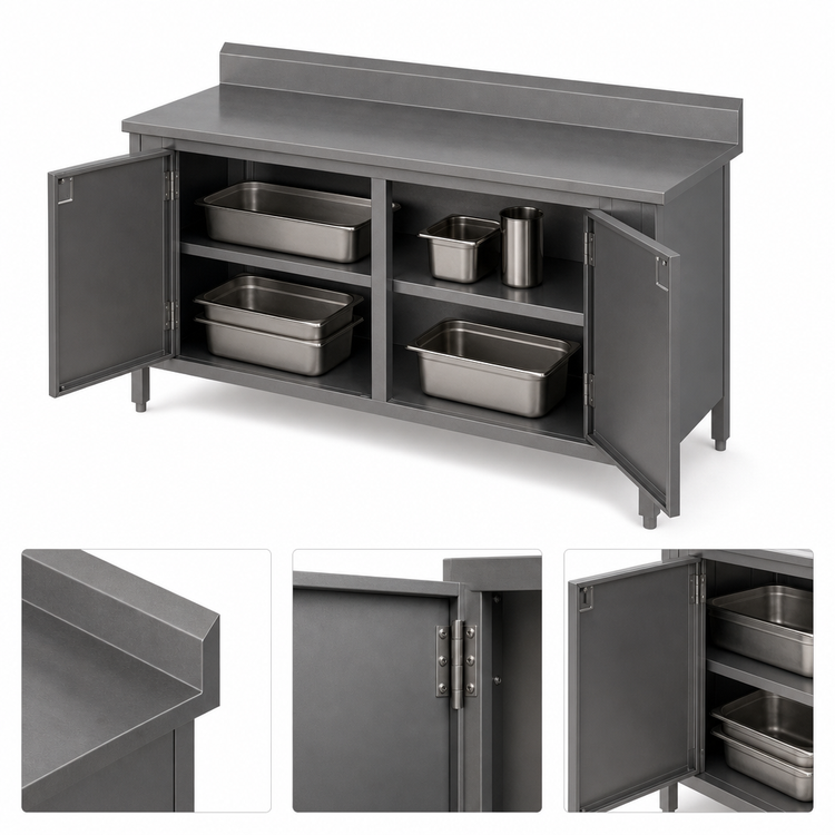 Product image #3 for John Boos Enclosed Work Table with Cabinet Base and Hinged Doors, 144" x 30" Stainless Steel Top with 5" Backsplash