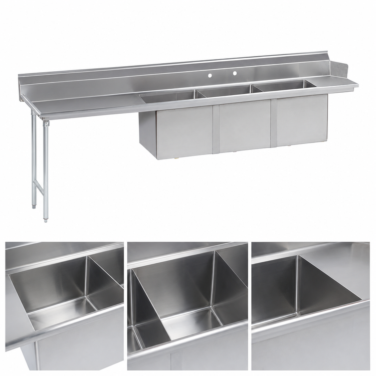 Product image #3 for Advance Tabco 3-Compartment Stainless Steel Sink Table with 11-Inch Left Drainboard, Right-Side Dish Machine Mount, 83-Inch Wide