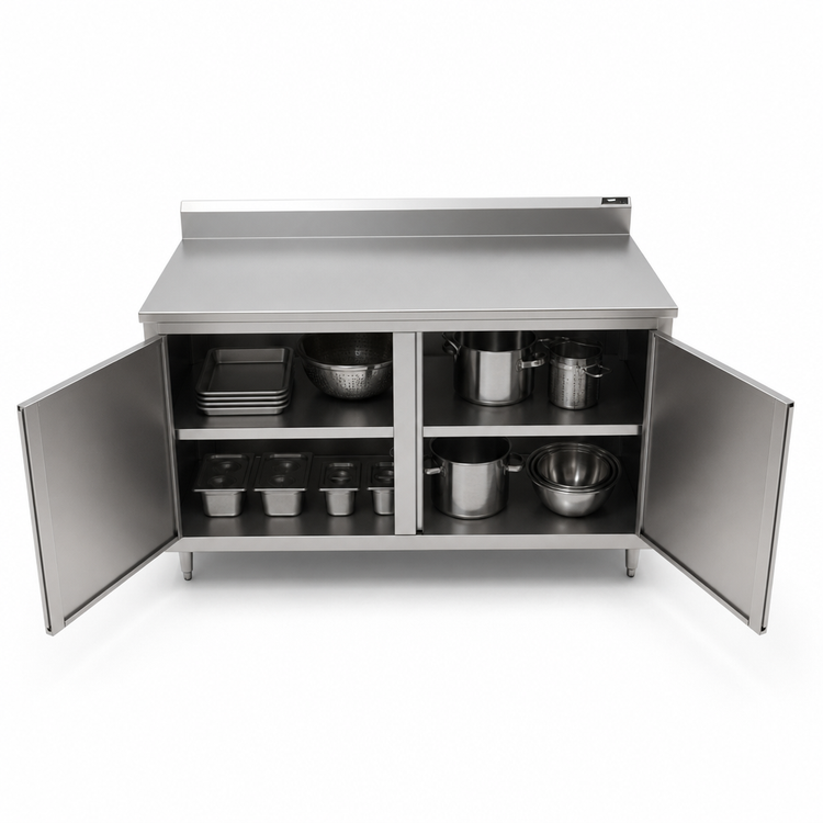 Product image #3 for Enclosed Stainless Steel Work Table with Cabinet Base and Hinged Doors, 84 x 30 Inches, 5-Inch Backsplash
