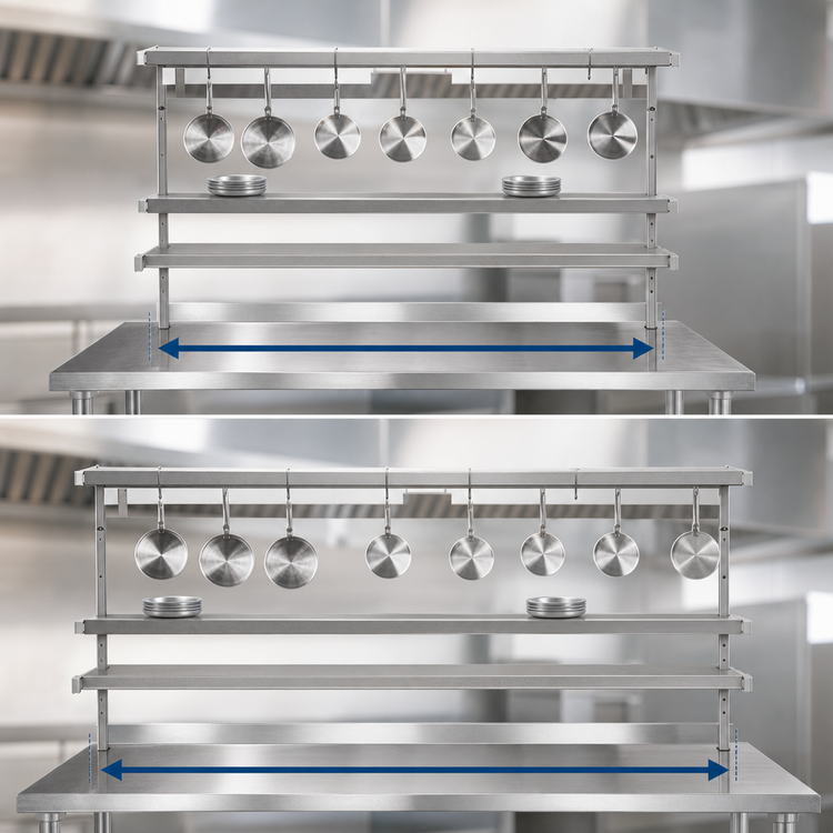 Product image #3 for Advance Tabco Adjustable Table-Mounted Stainless Steel Utensil Rack with 9 Plated Pot Hooks, 144 Inch Wide