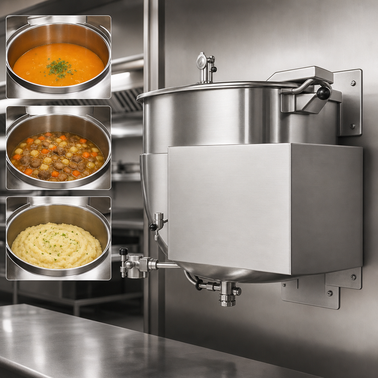 Product image #3 for Legion 30-Gallon Wall-Mounted Stationary Direct Steam Kettle with 2/3 Jacket and 304 Stainless Steel Liner