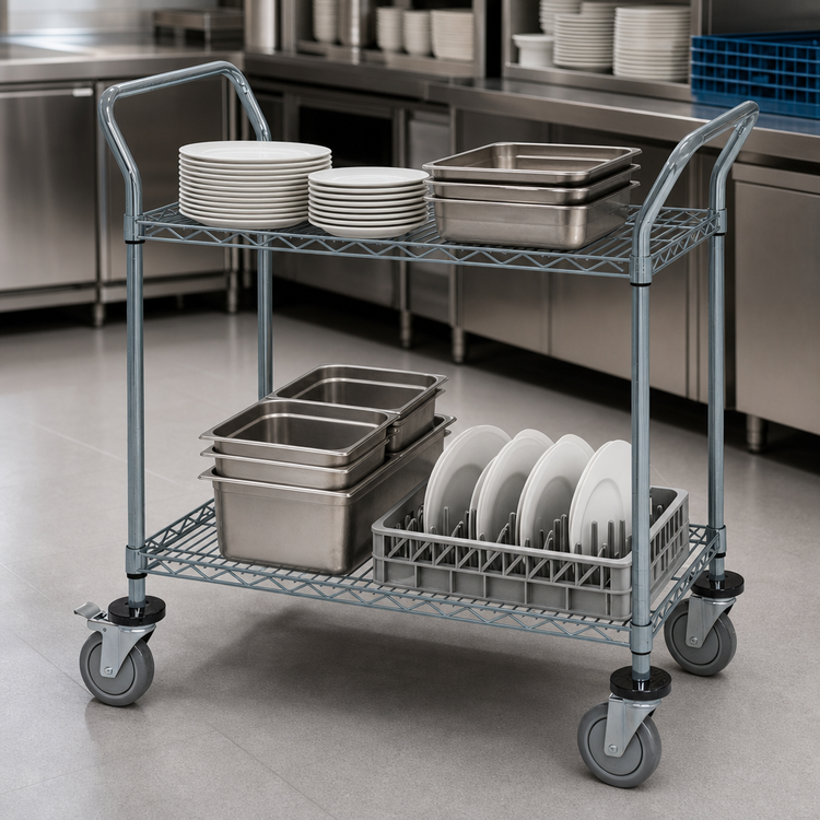 Product image #3 for Quantum 48 x 21 Inch Gray Epoxy Antimicrobial 2-Shelf Utility Bus Cart with U-Handles
