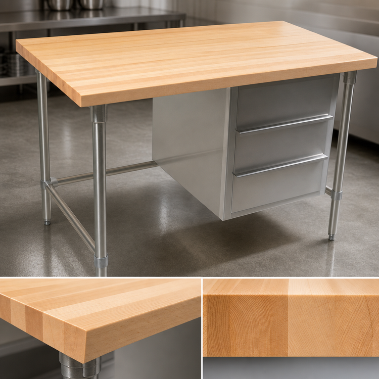 Product image #3 for John Boos 84-Inch x 30-Inch Edge Grain Wood Top Work Table with Open Cabinet Base and 3 Drawers