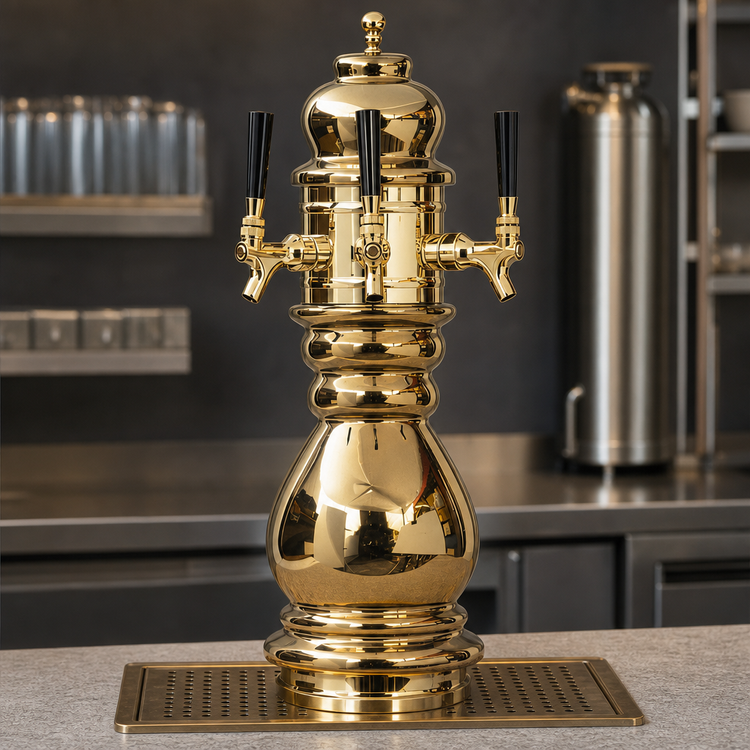 Product image #3 for Glastender Black Forest 2-Faucet Air-Cooled Countertop Draft Dispensing Tower, Polished Brass
