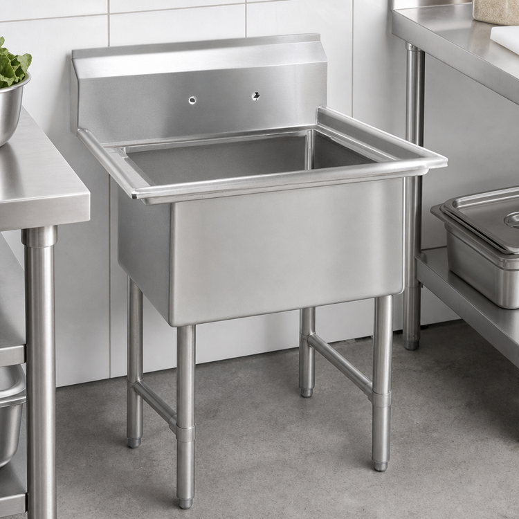Product image #3 for BK Resources 1-Compartment Stainless Steel Sink, 18 x 18 x 14 Bowl, 10-Inch Backsplash, No Drainboards