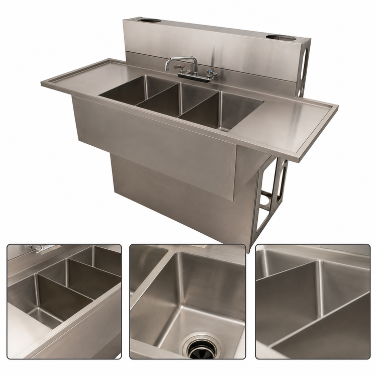 Product image #4 for BK Resources 60-Inch Three-Compartment Stainless Steel Slimline Underbar Sink with Dual Drainboards