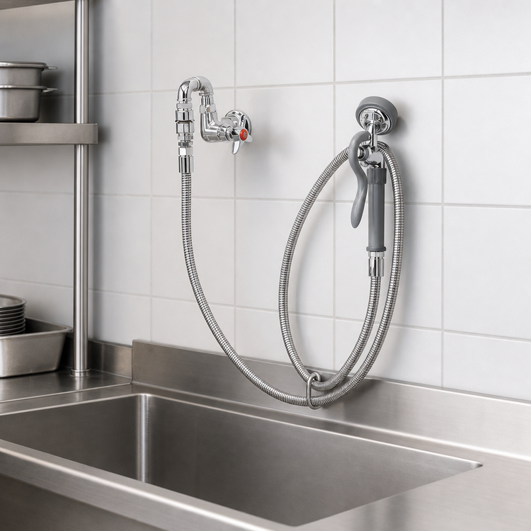 Product image #3 for T&S Brass Wall-Mount Single Pre-Rinse Faucet with 96-Inch Flexible Hose, Spray Valve, and Vacuum Breaker