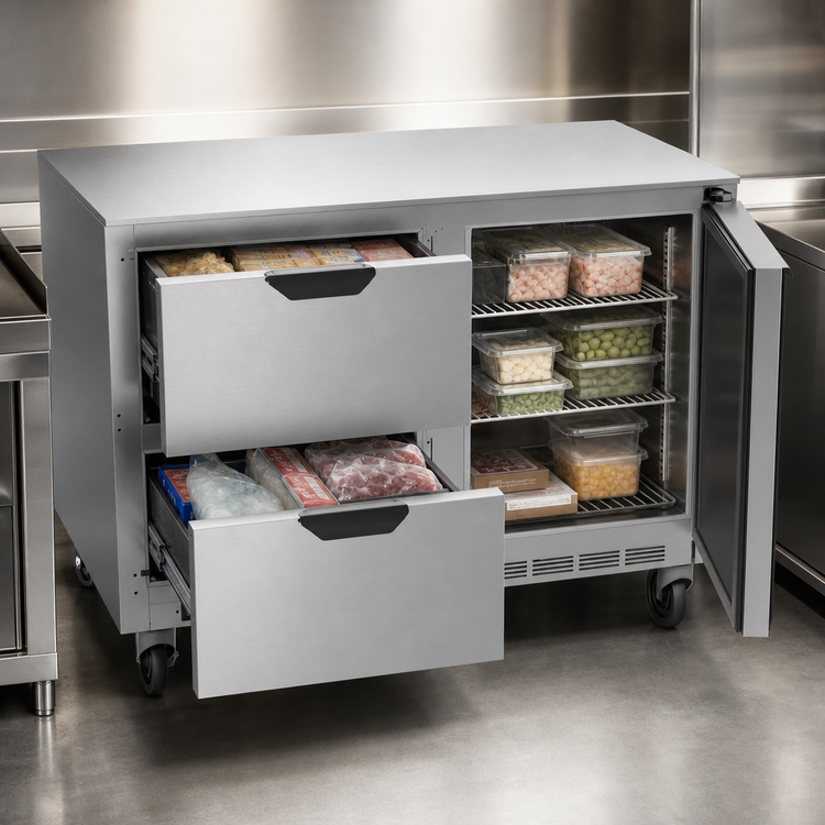 Product image #3 for Beverage Air 48-Inch Two-Section Undercounter Freezer With 2 Drawers and 1 Solid Door