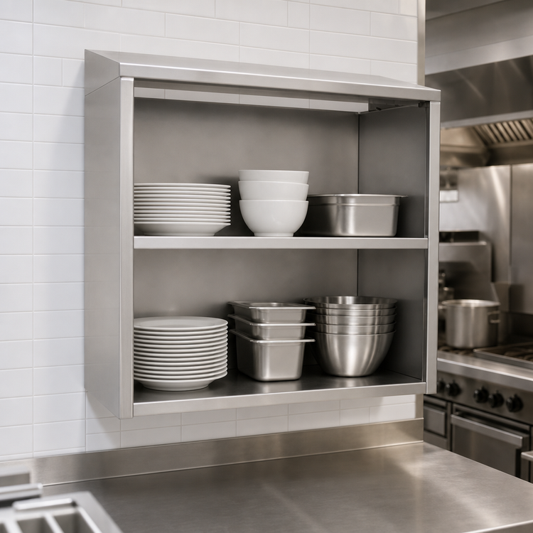Product image #3 for Glastender 42-Inch Open Front Stainless Steel Wall Cabinet with Sloped Top and Shelf
