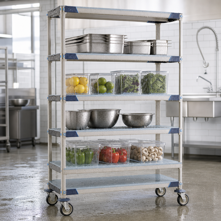 Product image #3 for MetroMax i Blue Mobile Polymer Shelving Starter Unit, 48W x 18D x 80H, 5-Tier with 4 Open Grid Shelves and 1 Solid Bottom Shelf