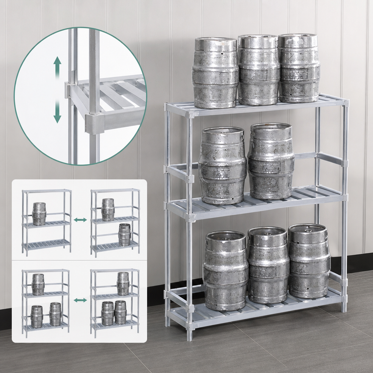 Product image #3 for Adjustable Aluminum Keg Storage Rack for 4 Half Barrels or 12 1/6 Barrels, 48 x 17 x 68 Inches