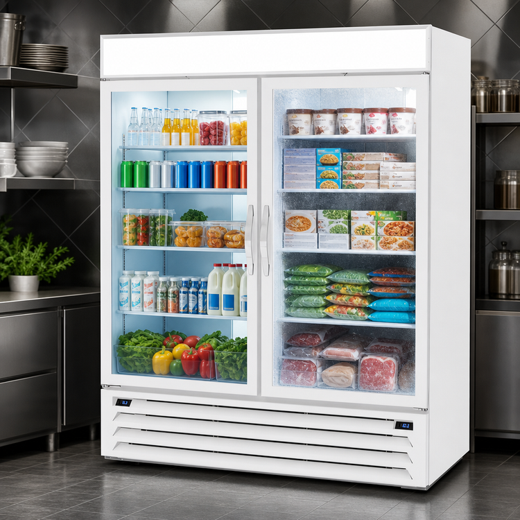 Product image #3 for Beverage Air MarketMax Dual-Temp Two-Section Reach-In Glass Door Merchandiser Refrigerator/Freezer