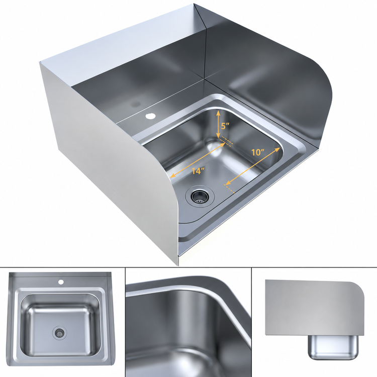 Product image #4 for BK Resources Wall-Mount Hand Sink with 14-Inch x 10-Inch x 5-Inch Bowl, 1-Hole Deck, Dual Side Splashes, 304 Stainless Steel