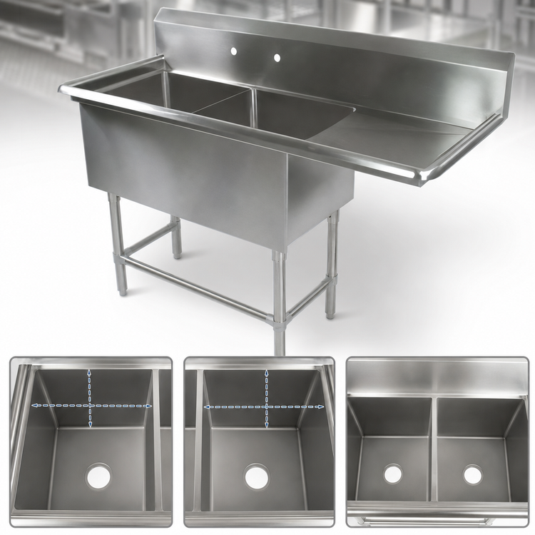 Product image #3 for John Boos Pro-Bowl 2-Compartment Stainless Steel Sink with Right Drainboard and 10-Inch Backsplash