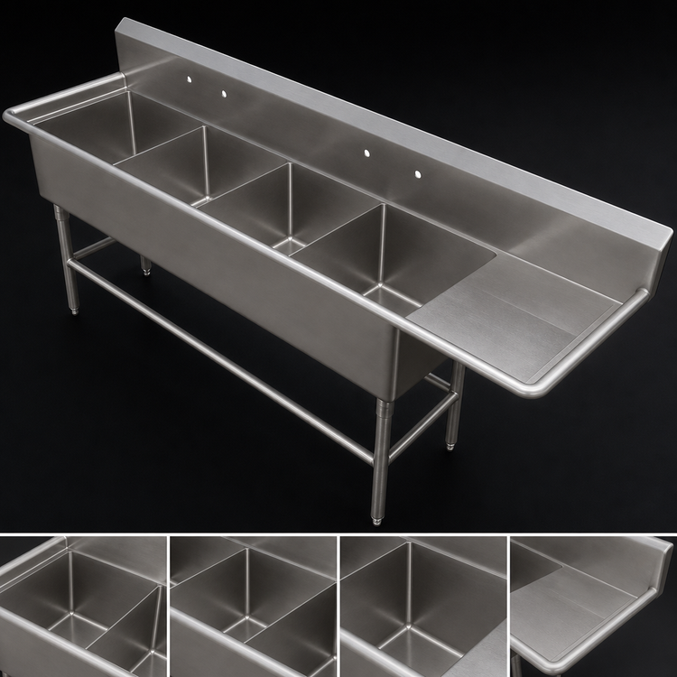 Product image #3 for John Boos Pro-Bowl 4-Compartment Sink with Right-Hand Drainboard, 24" x 24" x 12" Bowls, 16-Gauge Type 300 Stainless Steel