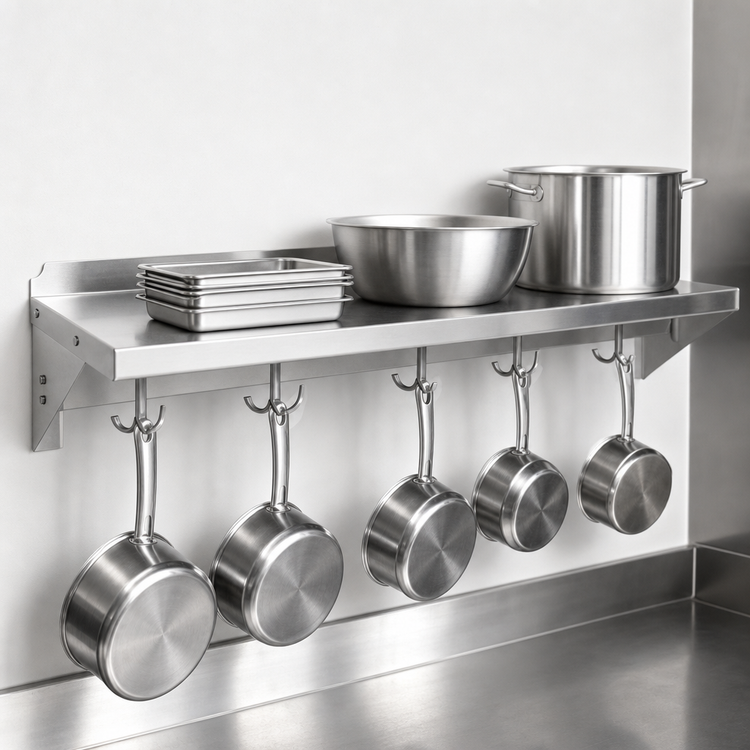 Product image #3 for John Boos Stallion 72-Inch Wall-Mounted Stainless Steel Pot Rack Shelf with 6 Hooks