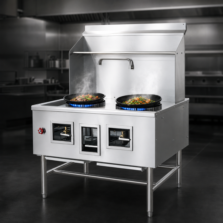 Product image #3 for Omcan USA Natural Gas Two-Chamber Wok Range with 13-Inch and 16-Inch Rings, Backsplash, Faucet, and Water-Cooled Top