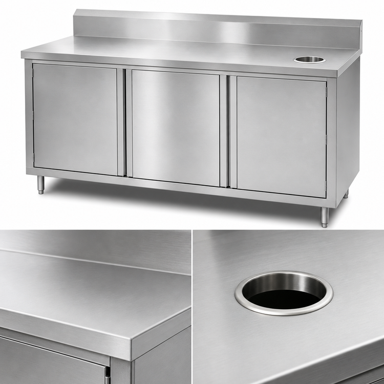 Product image #3 for John Boos 60-Inch x 36-Inch Stainless Steel Beverage Unit Cabinet Base with Hinged Doors, 5-Inch Backsplash, and Right-Side Trash Chute