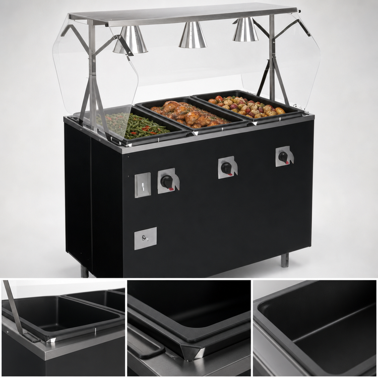 Product image #3 for Vollrath 2-Series Affordable Portable Deluxe 3-Well Mobile Hot Food Station with Buffet-Style Breath Guard and Lights