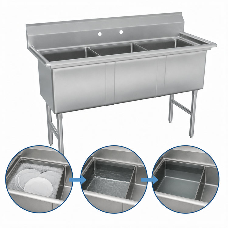 Product image #3 for Advance Tabco FS-3-3030 3-Compartment Fabricated Sink with 30 x 30 x 14-Inch Bowls, No Drainboards