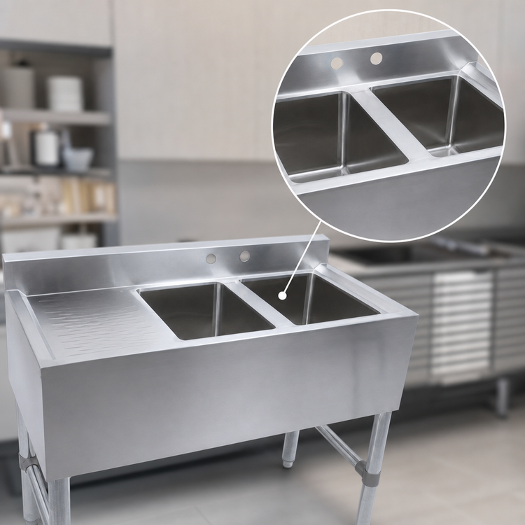 Product image #3 for Klinger's Trading Two-Compartment Underbar Bar Sink with Left Drainboard, 37 Inches, 304 Stainless Steel