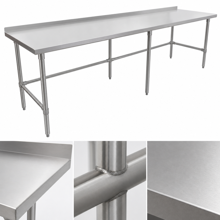 Product image #3 for John Boos Stallion 120" x 30" Stainless Steel Work Table with 16-Gauge 300 Series Top and 1-1/2" Rear Backsplash