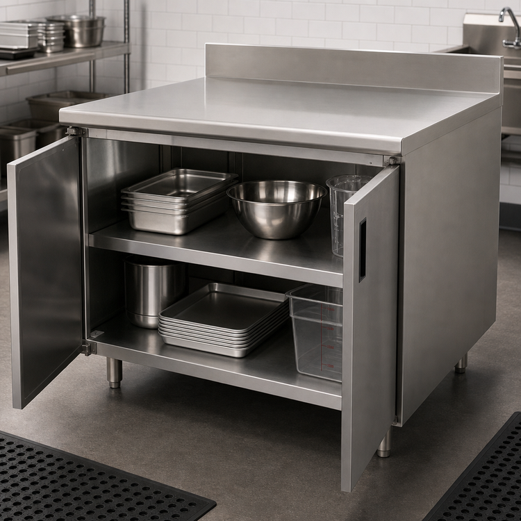 Product image #3 for Advance Tabco 36-Inch x 36-Inch Enclosed Work Table with Cabinet Base, 14-Gauge 304 Stainless Steel Top and 5-Inch Backsplash