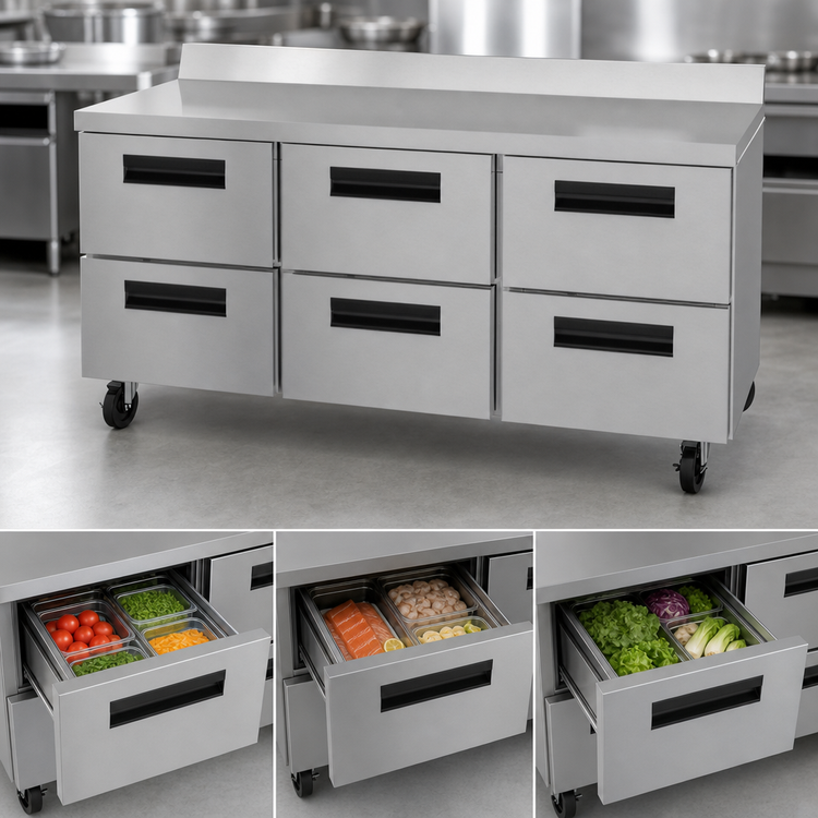 Product image #3 for Hoshizaki Steelheart 72-Inch Three-Section Worktop Refrigerator with 6 Drawers