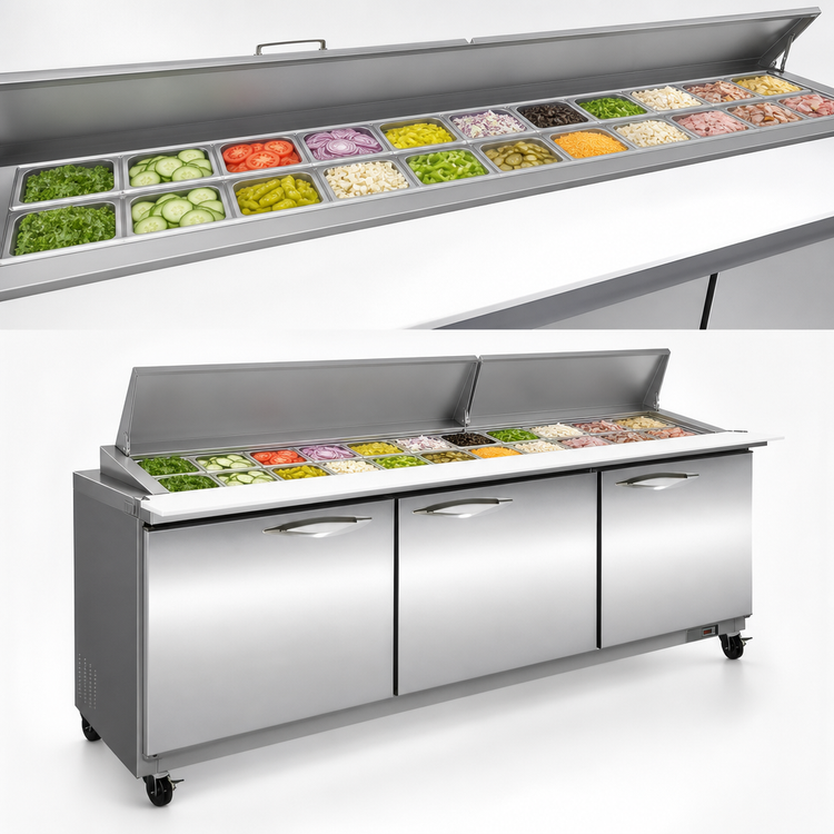 Product image #3 for IKON Refrigeration ISP72M Mega Top Three-Section Sandwich / Salad Prep Table, 18 Cu. Ft., 27 1/6-Pan Capacity