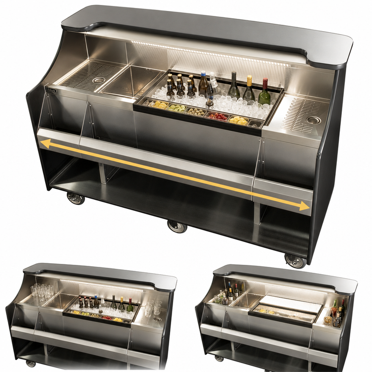 Product image #3 for 66-Inch Mobile Bar Station with Ice Chest, Insulated Bottle Well, Drainboards, Speed Rail, and LED Lighting