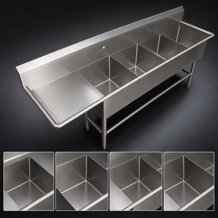 Product image #3 for John Boos Pro-Bowl 4-Compartment Stainless Steel Sink with Left Drainboard, 30 x 24 x 12 Inch Bowls