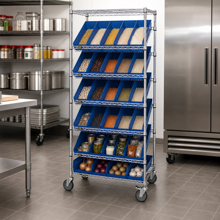 Product image #3 for Quantum Mobile Wire Shelving Bin System with 18 Bins, 7 Shelves, 36 x 18 x 74 Inches, Chrome Plated Finish