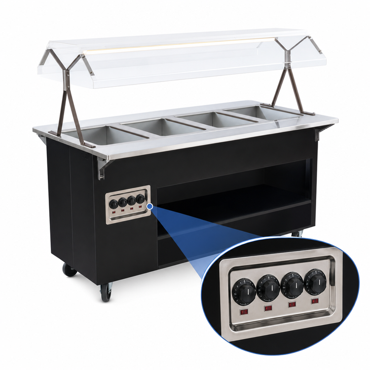 Product image #3 for Vollrath 2-Series Affordable Portable 4-Well Hot Food Station with Buffet Breath Guard, Lights, and Open Storage Base, Black, 120V