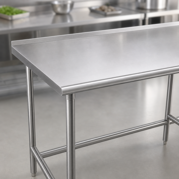Product image #3 for Advance Tabco 144" x 24" 16-Gauge 430 Stainless Steel Work Table with 1-1/2" Rear Up-Turn and Galvanized Open Base