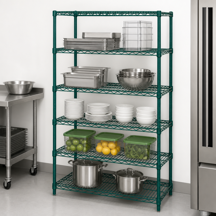 Product image #3 for Quantum 42"W x 14"D x 74"H Wire Shelving Starter Kit, 5 Shelves, Green Epoxy Antimicrobial Finish