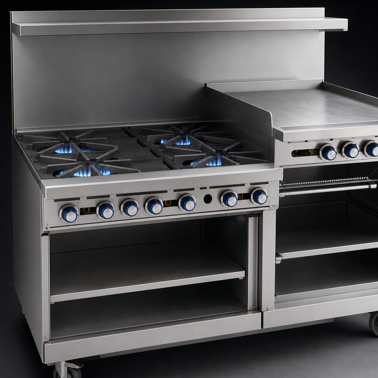 Product image #3 for Imperial Pro Series 60-Inch Commercial Gas Restaurant Range with 4 Open Burners, 36-Inch Griddle, Standard Oven, Open Cabinet and Backriser Hi-Shelf