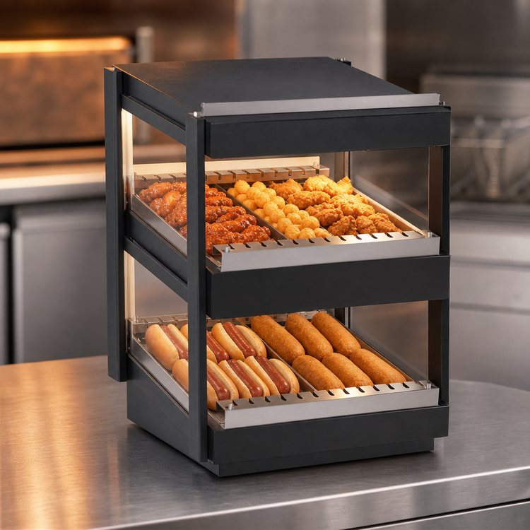Product image #3 for Nemco Countertop Dual-Shelf Hot Food Merchandiser, 18-Inch Wide, Slanted Shelves, Black Powder Coat