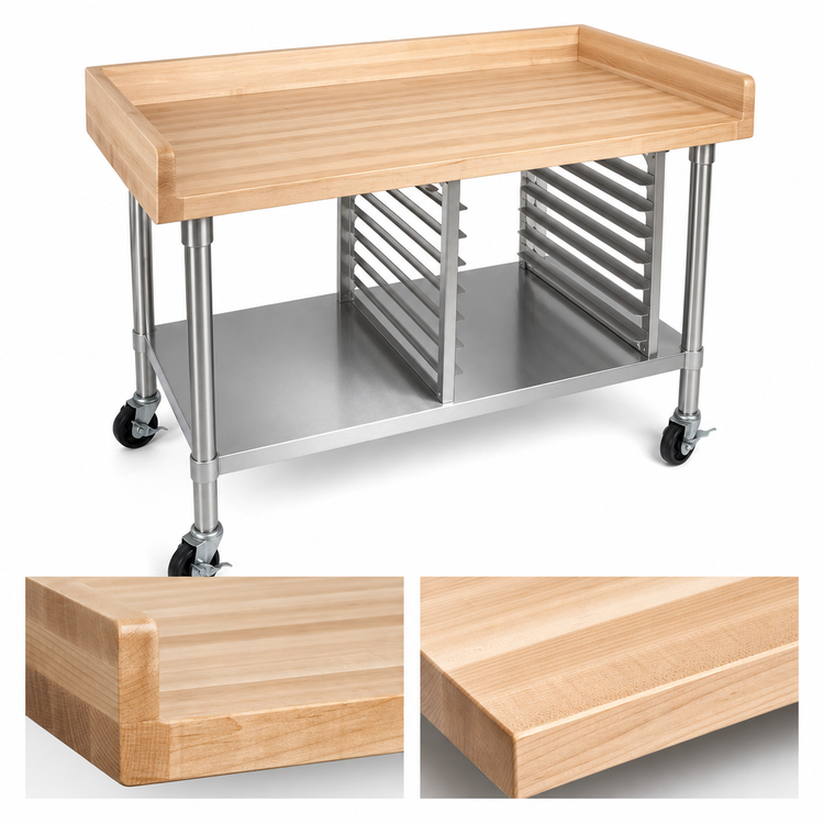 Product image #3 for John Boos 60" x 36" Maple Top Bakery Prep Table with Stainless Steel Undershelf, Bun Pan Rack and Locking Casters