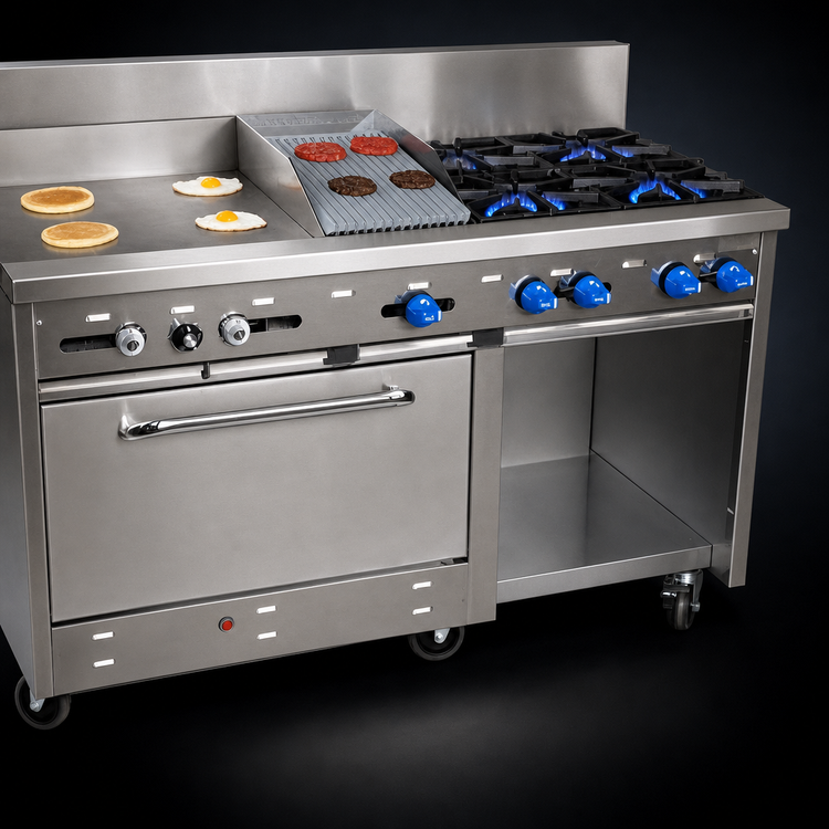 Product image #3 for Comstock-Castle 60-Inch Gas Range with 4 Star Burners, 24-Inch Griddle, 12-Inch Char-Broiler, Extra-Wide Oven and Cabinet Base