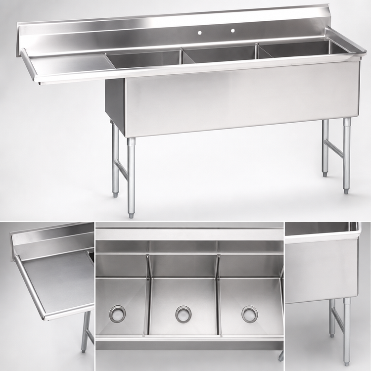 Product image #3 for Advance Tabco Fabricated 3-Compartment Sink with 36-Inch Left Drainboard and 24 x 30 x 14-Inch Bowls