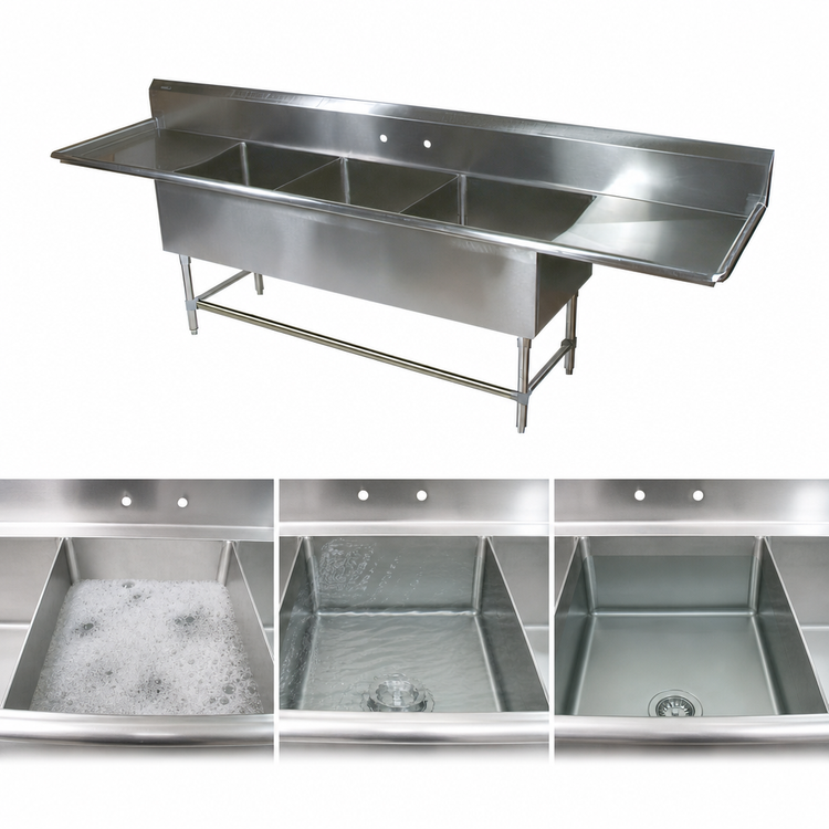 Product image #3 for John Boos Pro-Bowl 3-Compartment Sink with Dual 30-Inch Drainboards, 14-Inch Deep Bowls, 14-Gauge Stainless Steel, 117-1/4 Inch Long