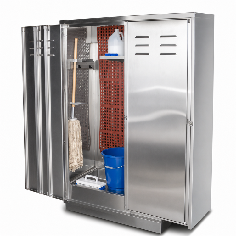 Product image #3 for John Boos Stainless Steel Mat Wash Cabinet with 44" x 16" x 6" Sink, Lockable Doors, Shelf and Mop Holder