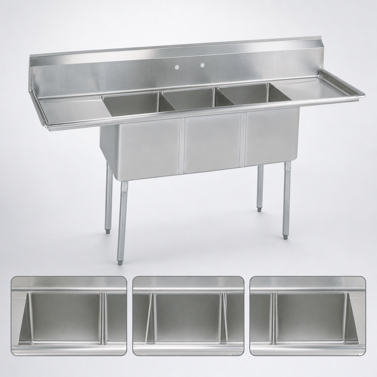 Product image #3 for BK Resources 3-Compartment Commercial Sink with Left and Right Drainboards, 108 Inch Wide, 20 x 30 x 14 Inch Compartments