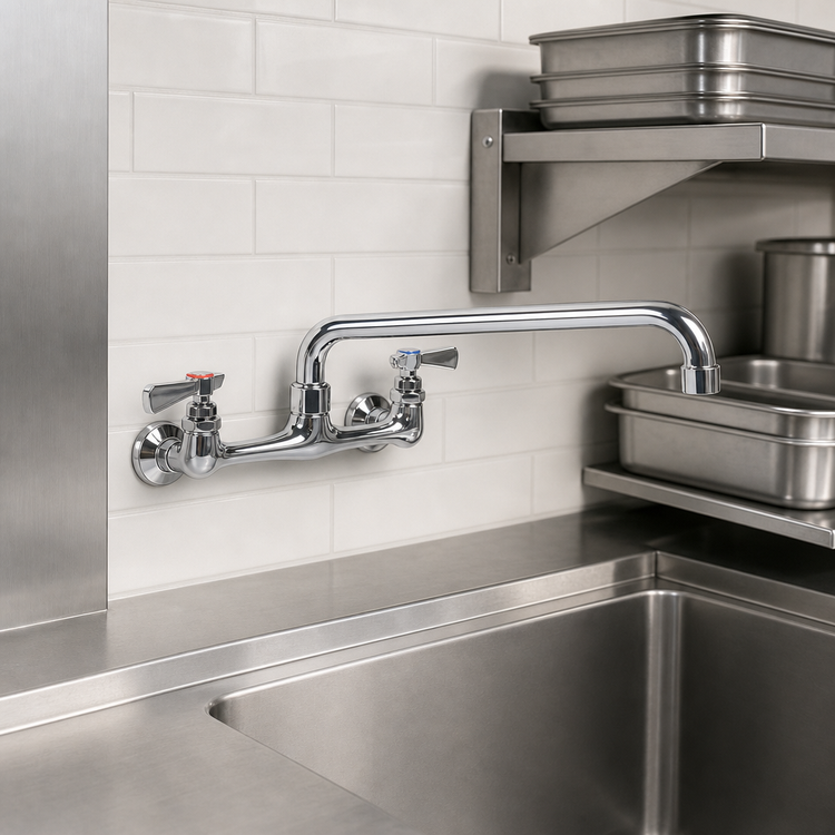Product image #3 for Steel Works Stainless Wall-Mount Commercial Faucet with 12-Inch Swing/Swivel Spout, 8-Inch Centers
