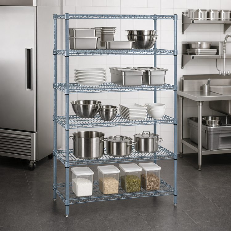 Product image #3 for Quantum Stationary Wire Shelving Starter Kit, 48-Inch W x 14-Inch D x 54-Inch H, 5 Shelves, Gray Epoxy Antimicrobial Finish