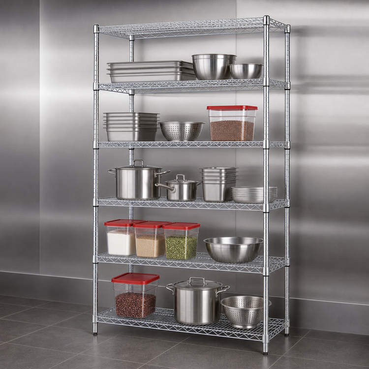 Product image #3 for Quantum Stationary Wire Shelving Starter Kit, 54"W x 24"D x 74"H, Chrome Plated