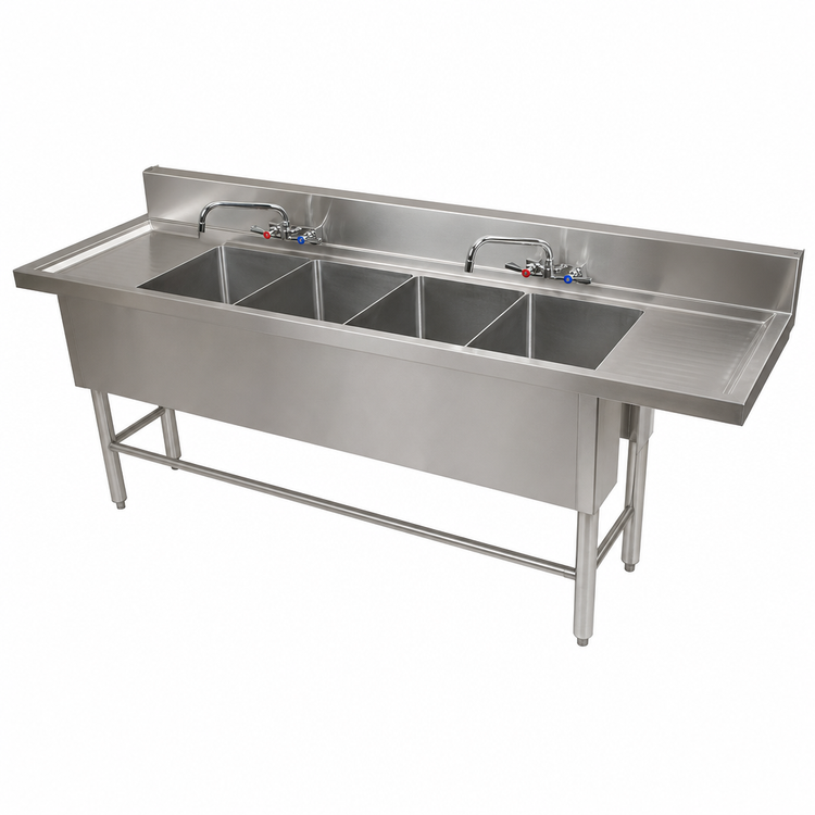 Product image #4 for BK Resources Slim-Line 4-Compartment Underbar Sink with Left and Right Drainboards, 84 Inch Wide