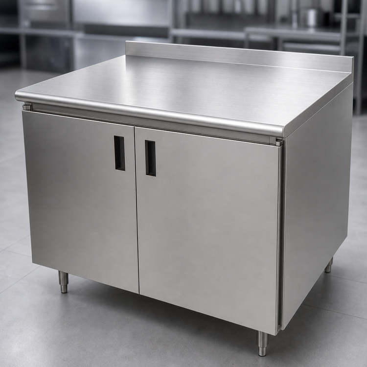 Product image #3 for Advance Tabco 60 x 24 Inch Enclosed Stainless Steel Work Table with Cabinet Base, Mid-Shelf and Hinged Doors, 14 Gauge 304 Top, 1-1/2 Inch Rear Up-Turn