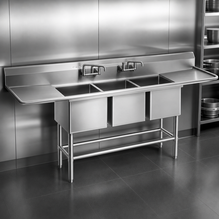 Product image #3 for Spec-Master 14 Gauge 304 Stainless Steel Three-Compartment Sink with 36" Left Drainboard