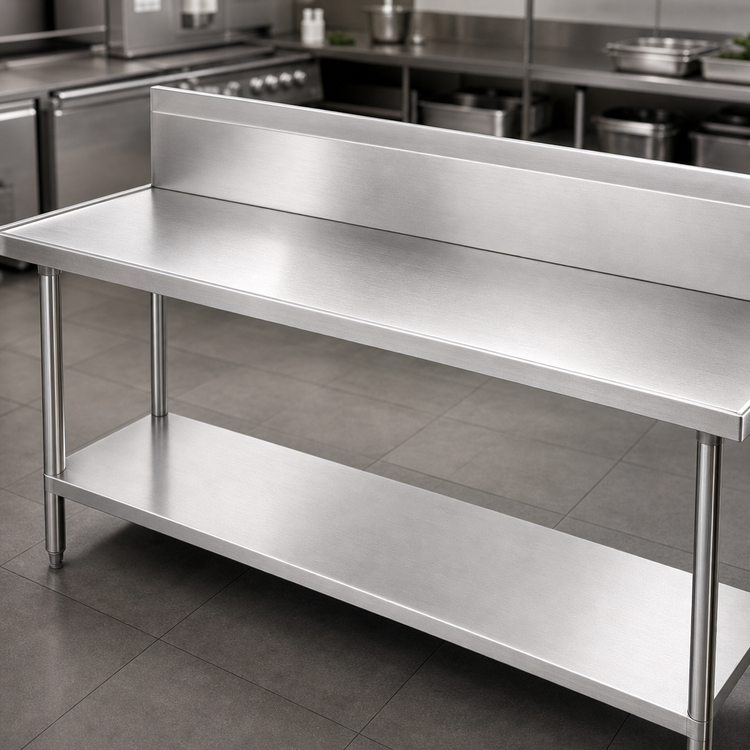 Product image #3 for Advance Tabco 120" x 24" 14-Gauge 304 Stainless Steel Work Table with 10" Backsplash and Adjustable Undershelf
